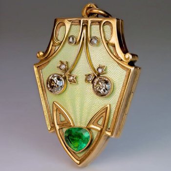 Art Nouveau Jewelry - antique gold, guilloche enamel, emerald, diamond locket pendant