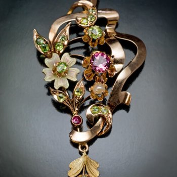 Art Nouveau antique gold enamel tourmaline pearl and demantoid garnet pendant