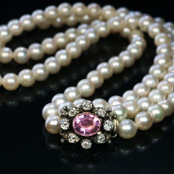 antique pearl necklace with diamond and tourmaline clasp