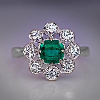 vintage emerald diamond engagement cluster ring