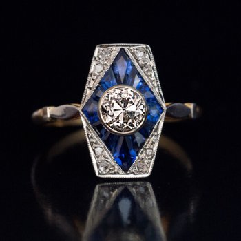 early art deco antique French diamond and sapphire engagement ring