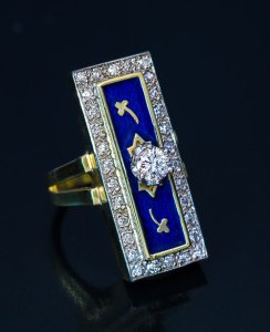 vintage blue guilloche enamel ring