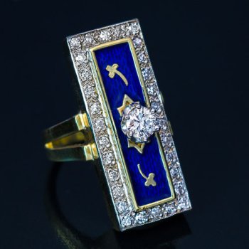vintage blue guilloche enamel ring