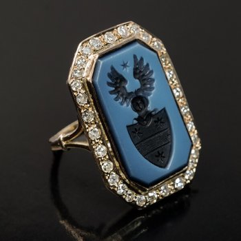 vintage armorial signet ring with carved agate crest
