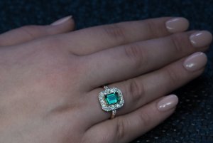 antique platinum topped gold emerald cut emerald and diamond engagement ring, French circa 1910