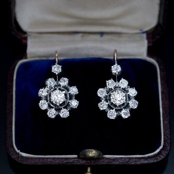 antique silver over gold diamond cluster earrings