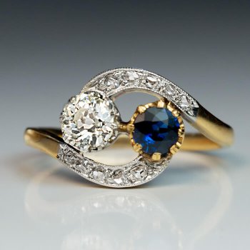 antique sapphire diamond crossover moi et toi engagement ring