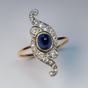 Belle Epoque antique cabochon cut sapphire diamond ring