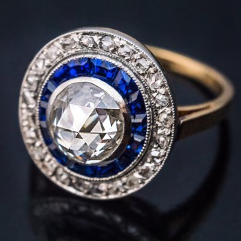 Edwardian jewelry - antique rose cut diamond calibre cut sapphire handmade platinum over gold engagement ring