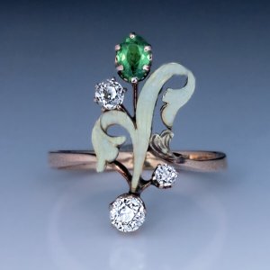 Art Nouveau demantoid enamel diamond ring
