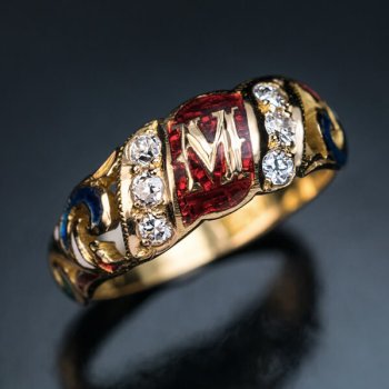 vintage gold enamel diamond monogrammed ring