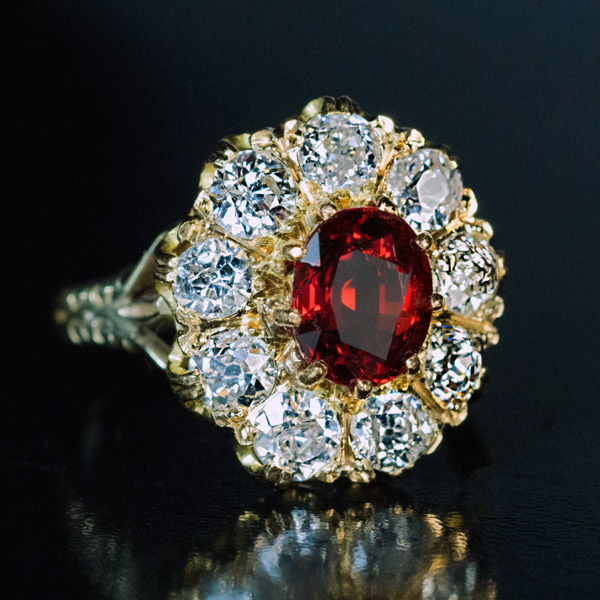K033 RUBY DIAMOND CLUSTER RING10  Plaza Jewellery English Vintage Antique  Unique Jewellery