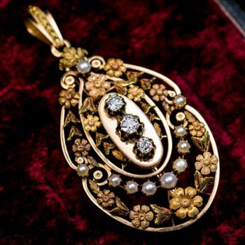 Belle Epoque antique French gold diamond pearl pendant necklace