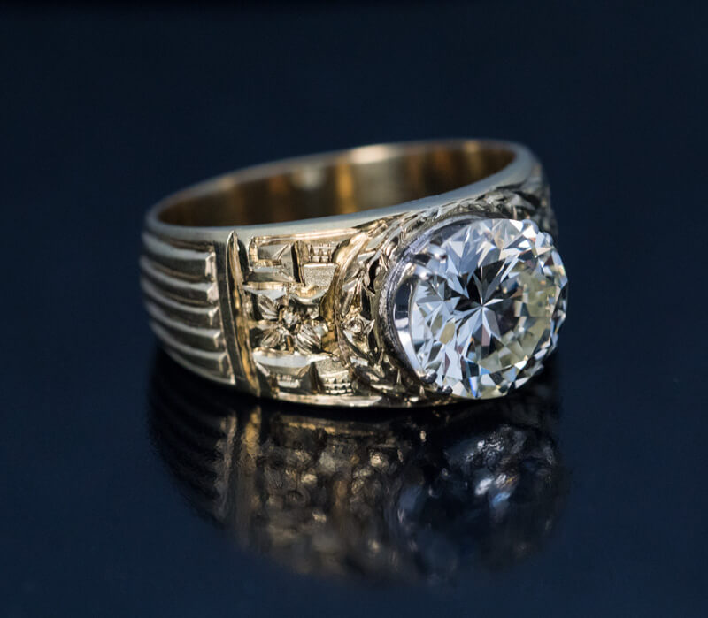 Vintage 3.48 Ct Diamond Carved Gold Men's Ring - Antique Jewelry ...