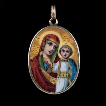 antique Russian miniature gold and enamel icon pendant of Mother of God