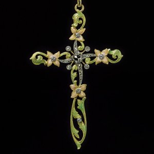 antique Art Nouveau enamel diamond gold cross pendant