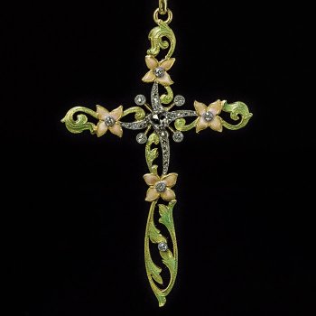 antique Art Nouveau enamel diamond gold cross pendant