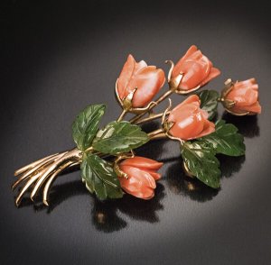 coral and nephrite jade vintage flower brooch
