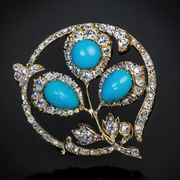 antique Victorian era Russian turquoise diamond gold brooch