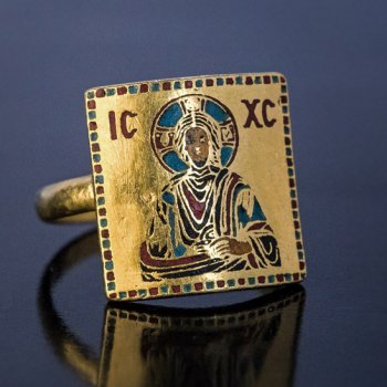 Byzantine revival antique enamel gold Jesus ring