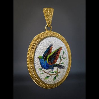 antique bird of paradise Italian 19th century micromosaic pendant