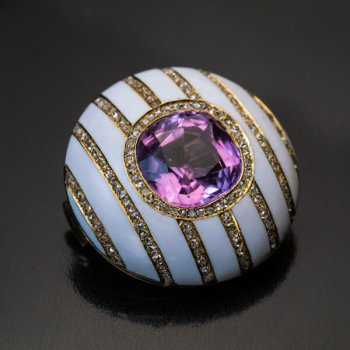 Faberge jewelry - pink tourmaline white enamel diamond Faberge brooch