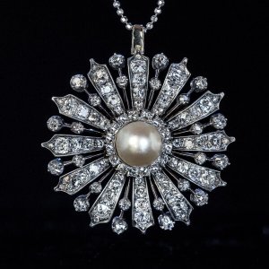 19 century jewelry - antique natural pearl and diamond pendant brooch