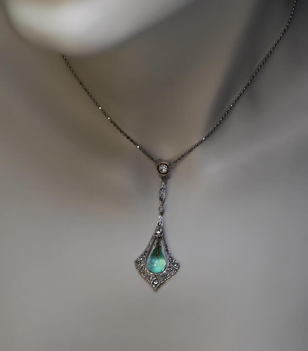 Antique Edwardian Emerald Bead Diamond Pendant - Antique Jewelry ...
