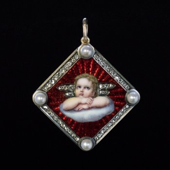 antique enamel cherub locket pendant
