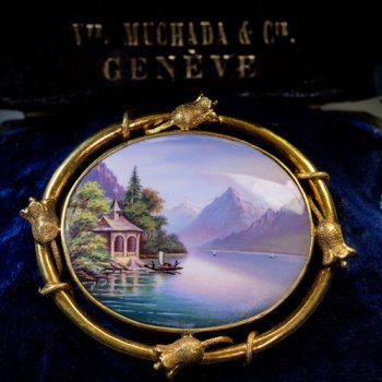 antique Swiss painted enamel gold Geneva brooch pin