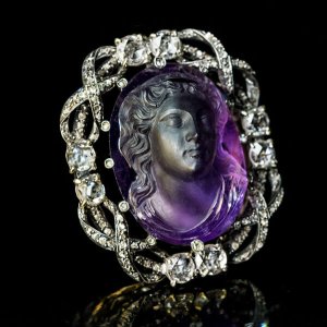 Very Rare antique amethyst cameo diamond brooch pendant