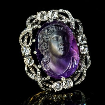 Very Rare antique amethyst cameo diamond brooch pendant