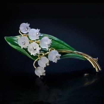 Vintage Lily Of The Valley Nephrite Jade Rock Crystal Diamond Brooch Pin