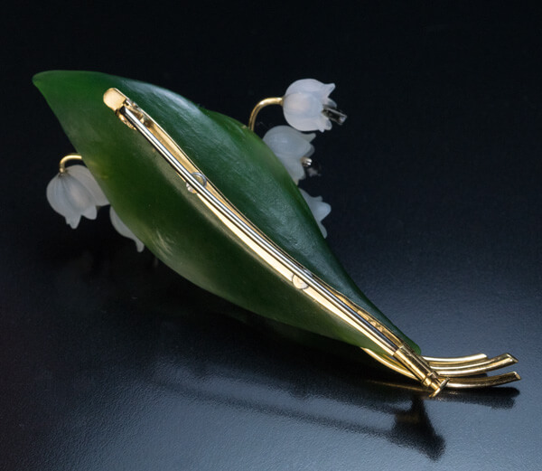 Vintage Carved Rock Crystal Nephrite Jade Lily Of The Valley Brooch ...