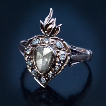 Georgian era rings - antique flaming heart engagement ring set with rose cut diamonds