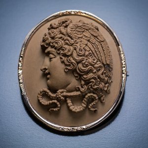 Antique Italian Carved Lava Cameo Medusa Gorgon Brooch