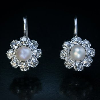 vintage pearl and diamond cluster earrings
