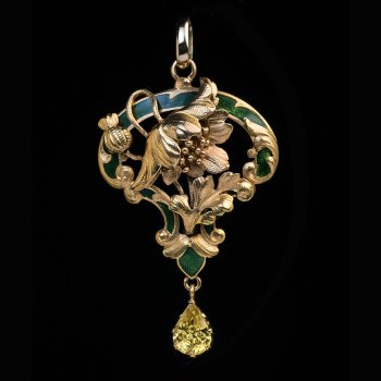 Art Nouveau antique gold enamel and yellow sapphire pendant