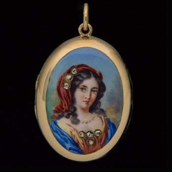 antique Victorian gold locket pendant with enamel miniature