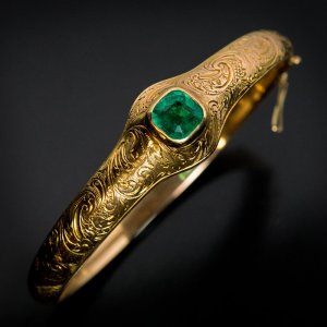 antique emerald and engraved gold Victorian bangle bracelet