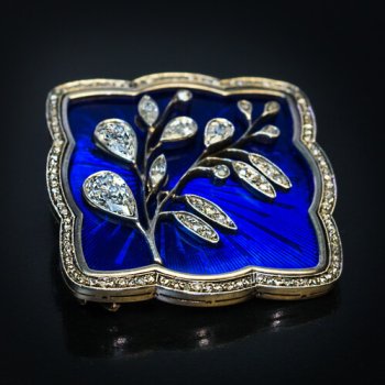 antique Art Nouveau jewelry - Russian guilloche enamel diamond and gold brooch by Feodor Lorie