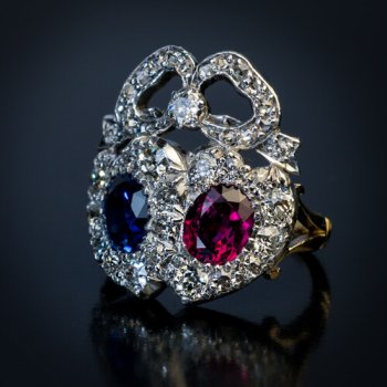 antique twin double heart ruby sapphire and diamond ring