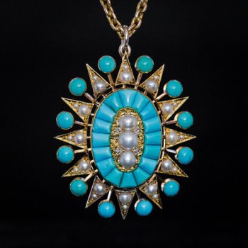 antique Victorian turquoise pearl and rose cut diamond pendant necklace