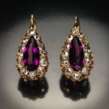 rhodolite garnet and rose cut diamond drop shaped earrings