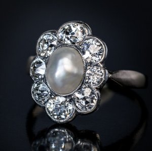 antique Edwardian pearl and diamond engagement ring