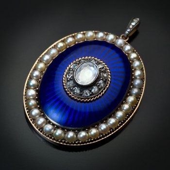 antique blue enamel diamond pearl and gold pendant - Georgian era jewelry