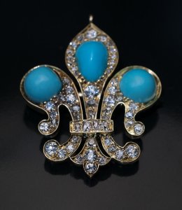 antique Fleur de Lis jewelry - turquoise diamond gold brooch / pendant