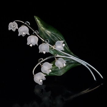 Vintage Lily of the Valley rock crystal jade brooch pin