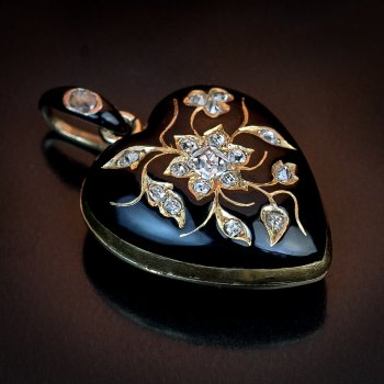 antique heart shaped black enamel, diamond and gold locket pendant