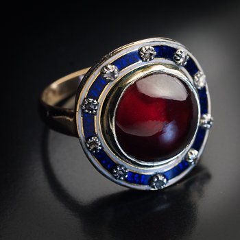 antique Georgian era cabochon cut garnet, enamel, diamond and gold ring - Georgian jewelry 1700s - early 1800s